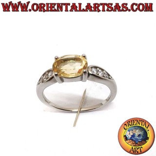 Natürlicher Ovaler Topaz Diagonal Gesetzt Seiten Zirkone Ring 925 Silber Rhodiniert - Eleganter Schmuck Oriental Art