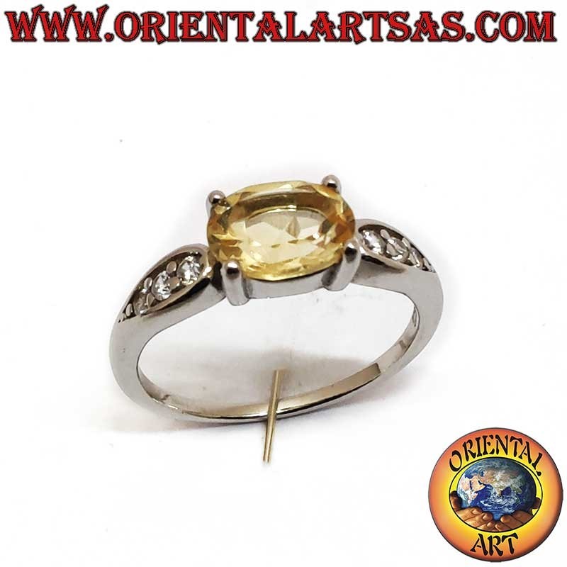 Natural Oval Topaz Diagonal Set Side Zircons Ring 925 Silver Rhodium | Oriental Art