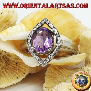 Anello in argento massiccio 925‰ – Ametista naturale ovale viola – Cornice a navetta con zirconi incastonati