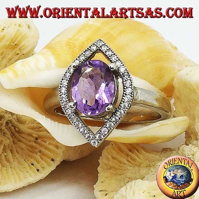 Anello in argento massiccio 925‰ – Ametista naturale ovale viola – Cornice a navetta con zirconi incastonati