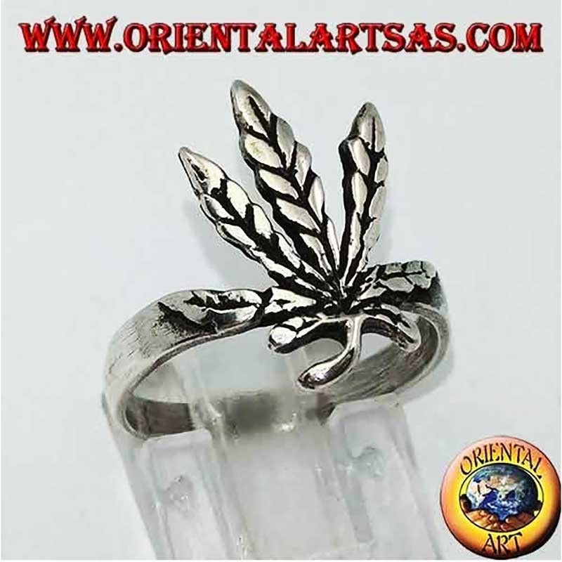 Bague Argent 925 Faite Main Feuille Marijuana Sculptée