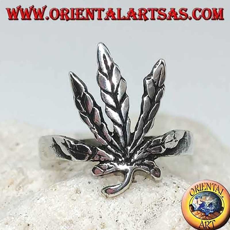 Bague en argent massif 925‰ faite main – Feuille de marijuana sculptée à la main en haut relief – Hauteur 17 mm
