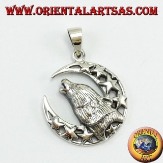Silver Pendant Wolf chewing to the moon