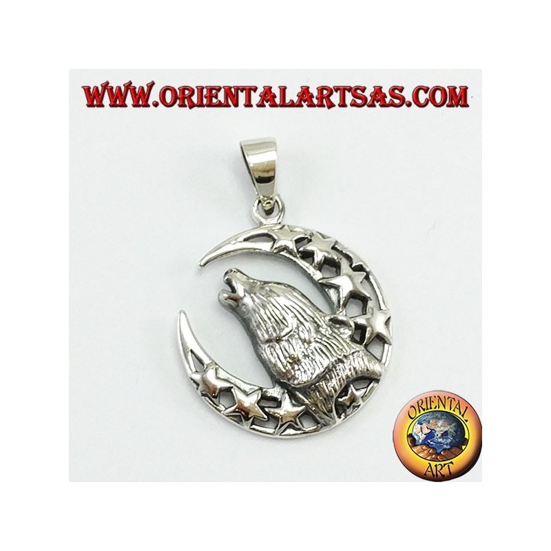 Silber Anhänger Wolf auf den Mond kauen