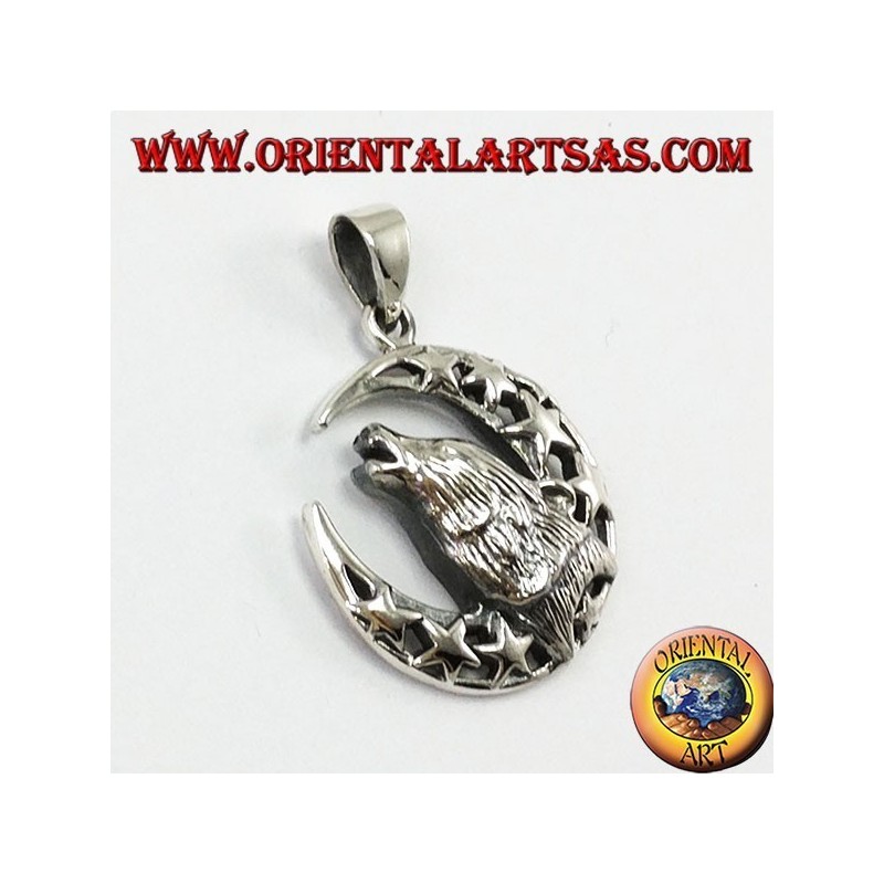 Pendentif en argent Loup mâchant à la lune