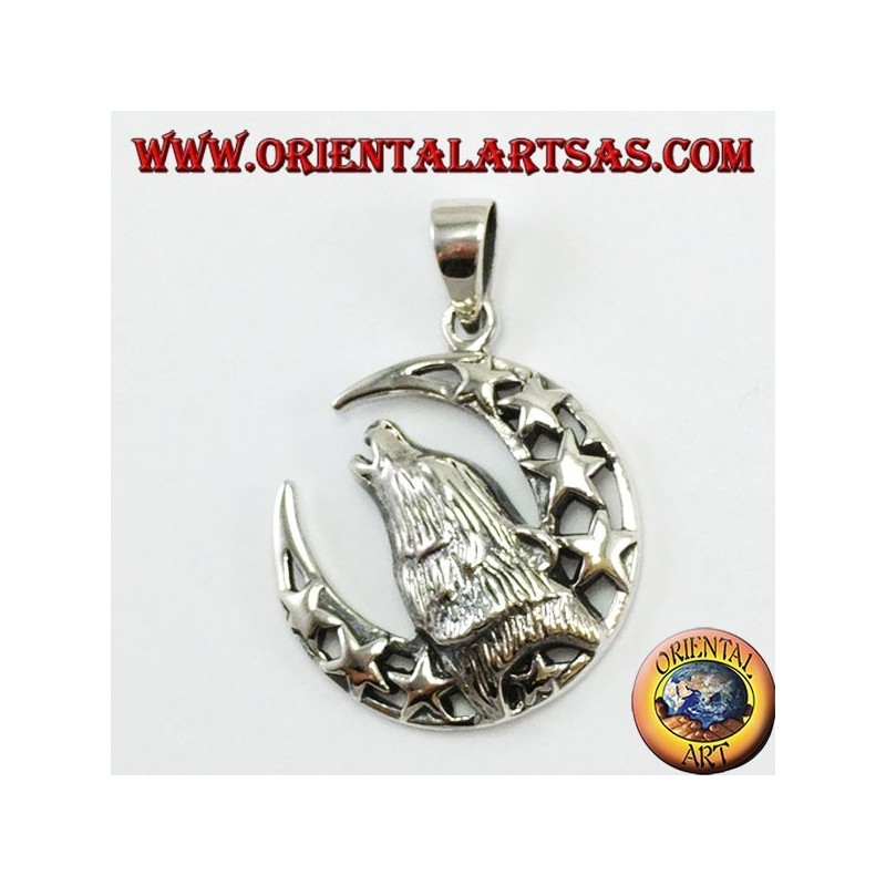 Silver Pendant Wolf chewing to the moon