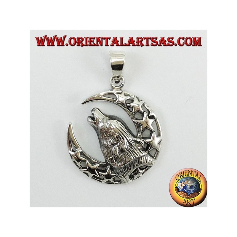 Silver Pendant Wolf chewing to the moon
