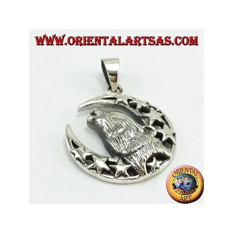Pendentif en argent Loup mâchant à la lune