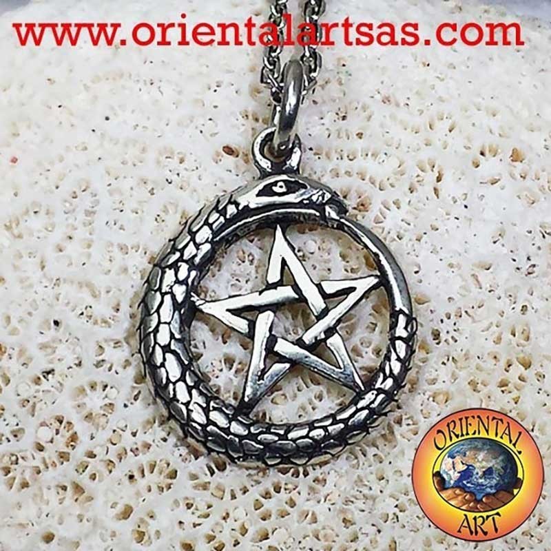Ciondolo argento 925 Ouroboros pentacolo 35x25 mm 5,7 g