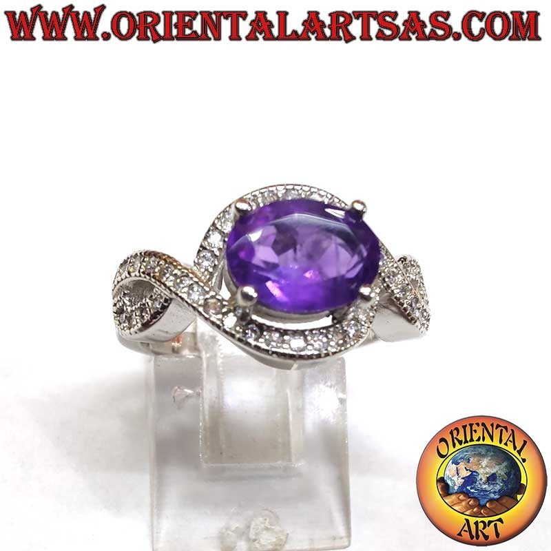 High Jewelry ring – Rhodium-plated 925 silver – Natural oval amethyst 5x7 mm – Infinity knot pavé set with zircons