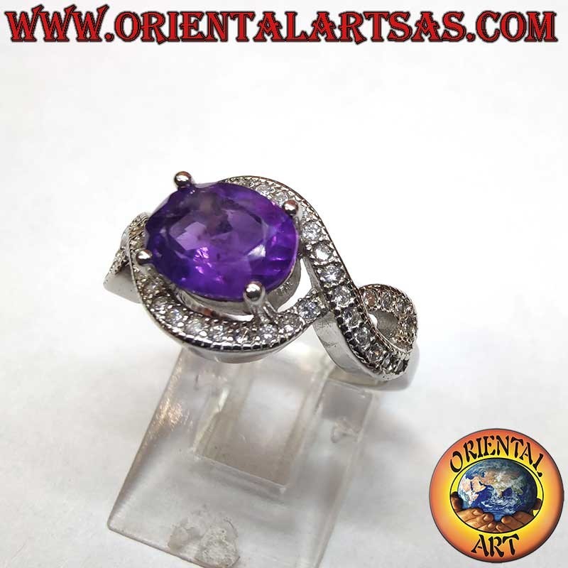 High Jewelry Rhodium Silver Ring Amethyst Infinity Knot Zircons