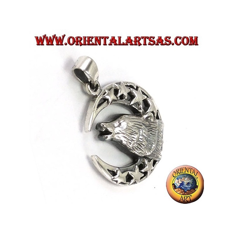 Silver Pendant Wolf chewing to the moon