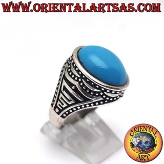Anillo plata 925 – Turquesa cabujón 16x13 mm color celeste brillante intenso – Decoración de bolitas excavadas en relieve