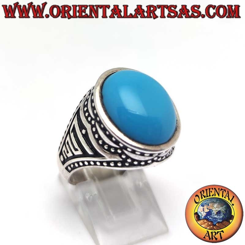 Bague Argent 925 Turquoise Cabochon 16x13 Billes Cire Perdue Brunie