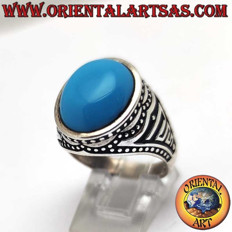 925 Silver Ring Turquoise Cabochon 16x13 Dots Lost Wax Burnished
