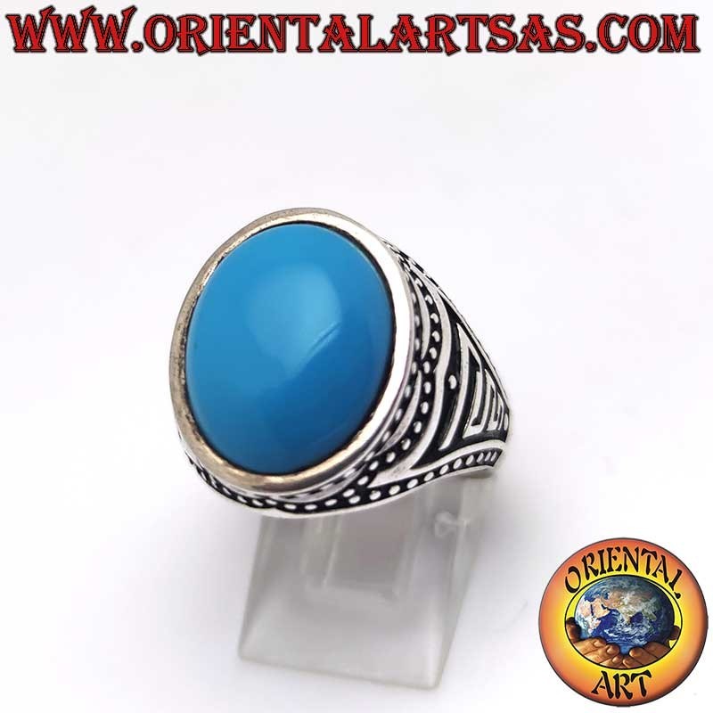 925 Silver Ring Turquoise Cabochon 16x13 Dots Lost Wax Burnished
