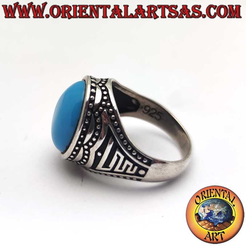 Anillo Plata 925 Turquesa Cabujón 16x13 Bolitas Cera Perdida Brunido