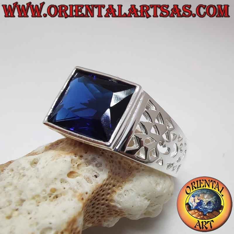 Men's 925 Silver Ring Synthetic Sapphire Rectangular Pierced | Oriental Art