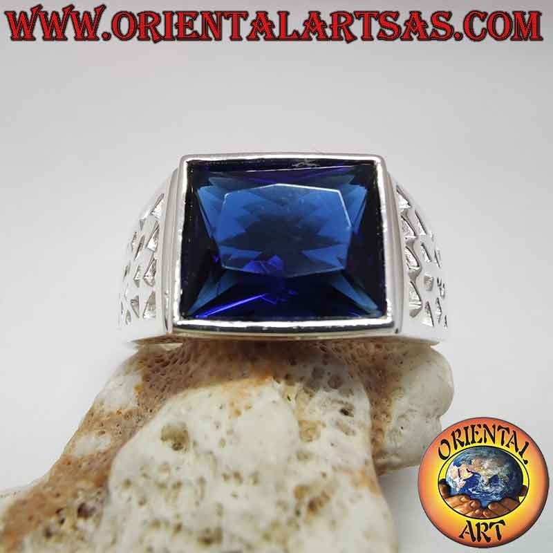 Men's 925 Silver Ring Synthetic Sapphire Rectangular Pierced | Oriental Art