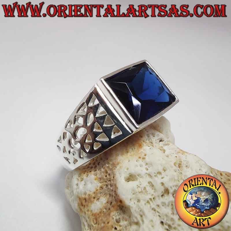 Herren 925 Silberring Synthetischer Saphir Rechteckig Durchbrochen | Oriental Art