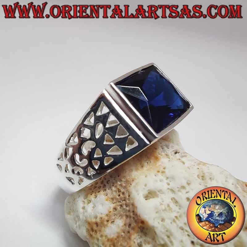 Men's 925 Silver Ring Synthetic Sapphire Rectangular Pierced | Oriental Art
