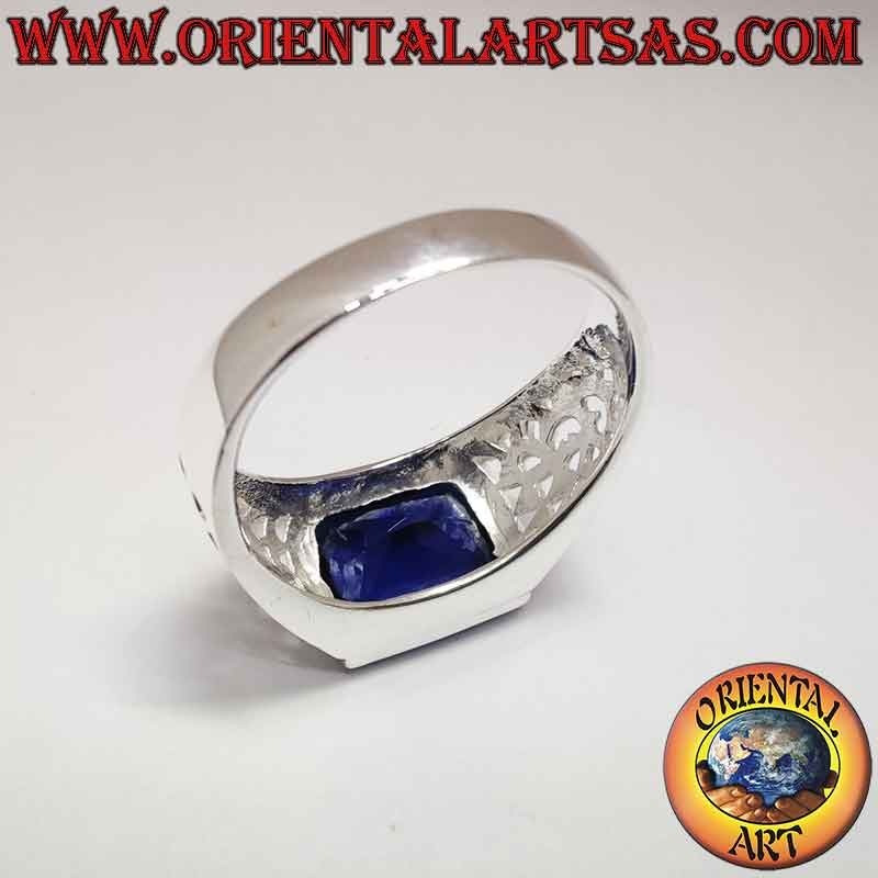 Anillo Hombre Plata 925 Zafiro Sintético Rectangular Calado