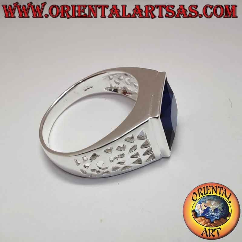 Anello Uomo Argento 925 Zaffiro Sintetico Rettangolare Traforato