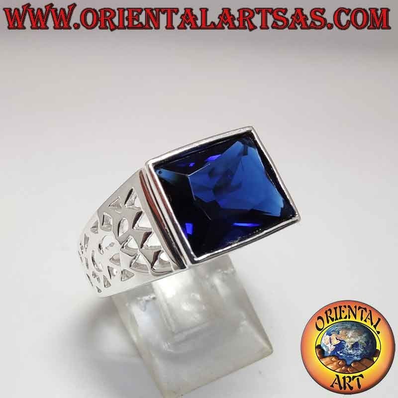 Men's 925 Silver Ring Synthetic Sapphire Rectangular Pierced | Oriental Art