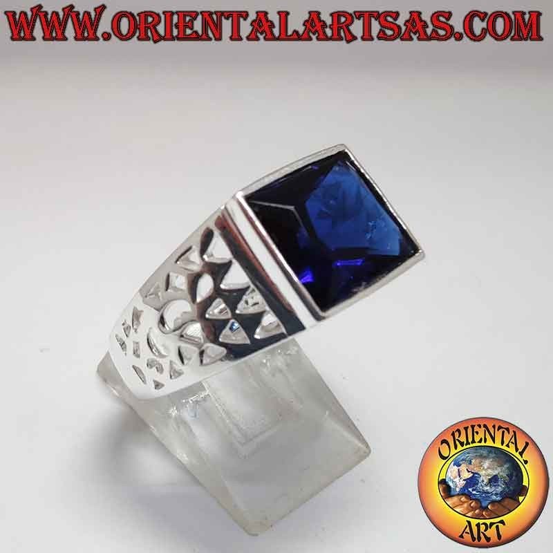 Anillo Hombre Plata 925 Zafiro Sintético Rectangular Calado