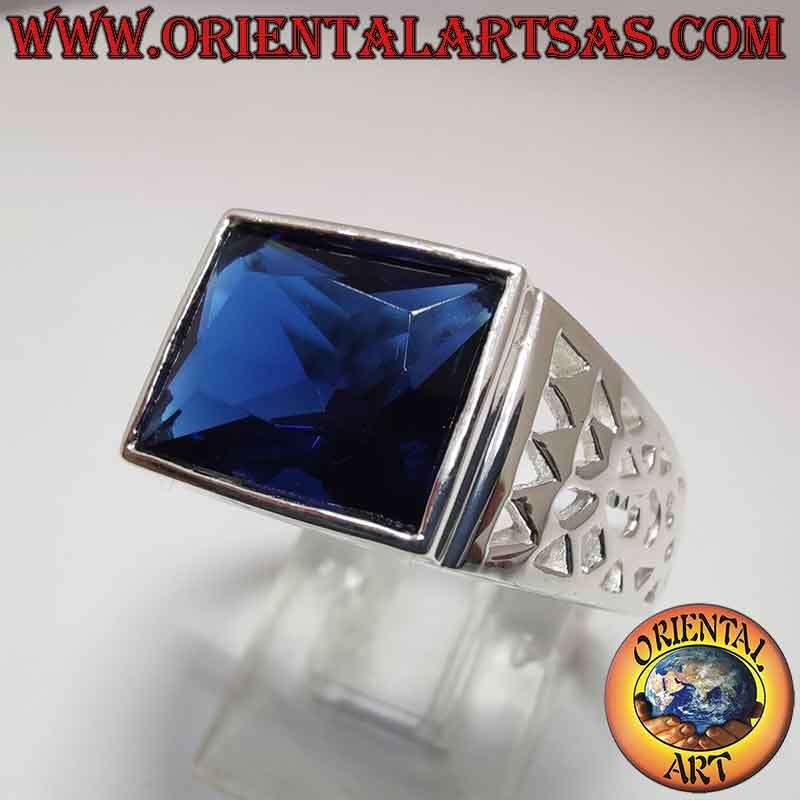 Men's 925 Silver Ring Synthetic Sapphire Rectangular Pierced | Oriental Art
