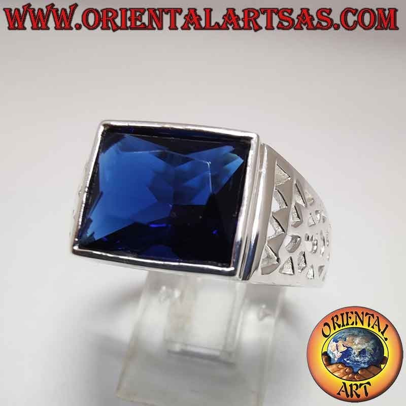 Anillo Hombre Plata 925 Zafiro Sintético Rectangular Calado