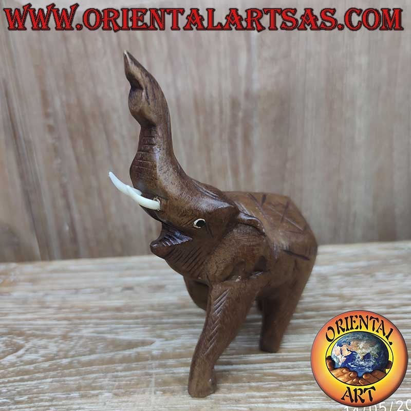 Elefante Tailandese Legno Teak Proboscide Su Zanne Sporgenti 15cm