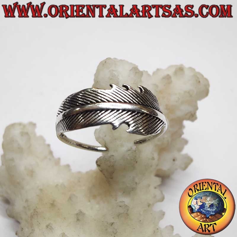 Anillo plata 925 ajustable – Pluma cincelada a mano – Para dedo, pie o falange – Altura 6 mm