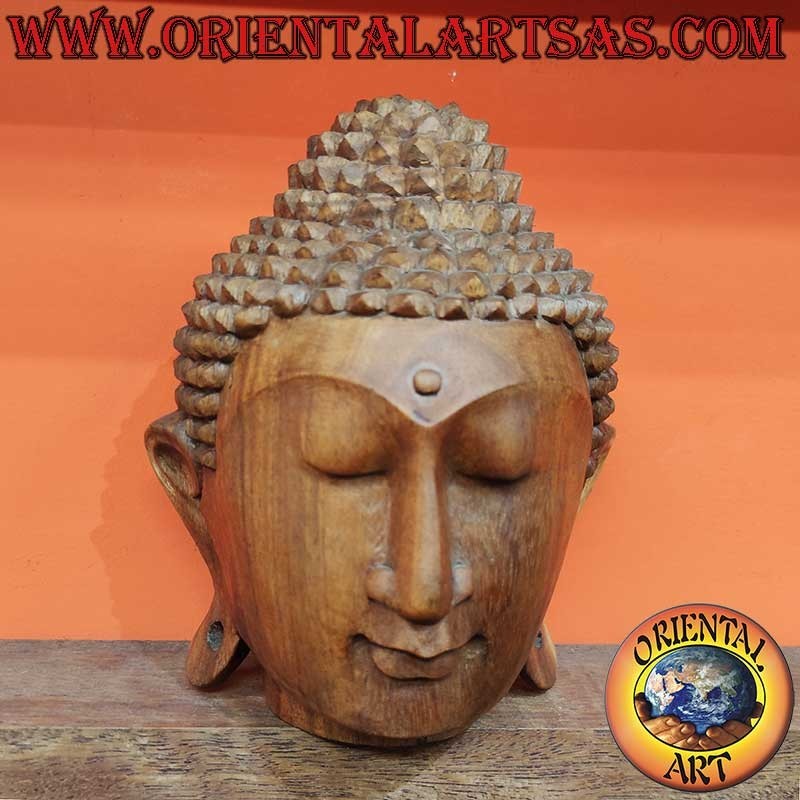 Sculpture de tête de Bouddha en 3D – Bois de Suar – Sculptée à la main dans un seul bloc – Hauteur : 23 cm, 18 x 18 cm
