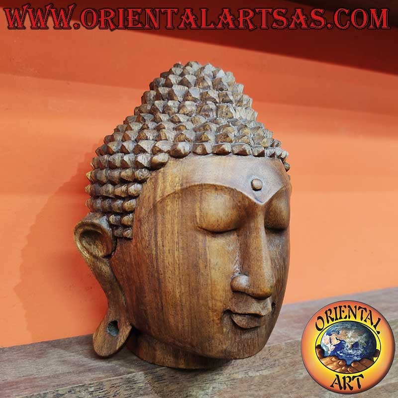 Tête Bouddha Bois Suar 23 cm Sculptée Main Indonésie