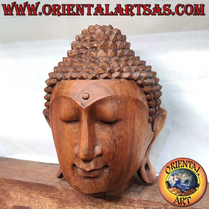 Testa Buddha Legno Suar 23 cm Intagliata Mano Indonesia