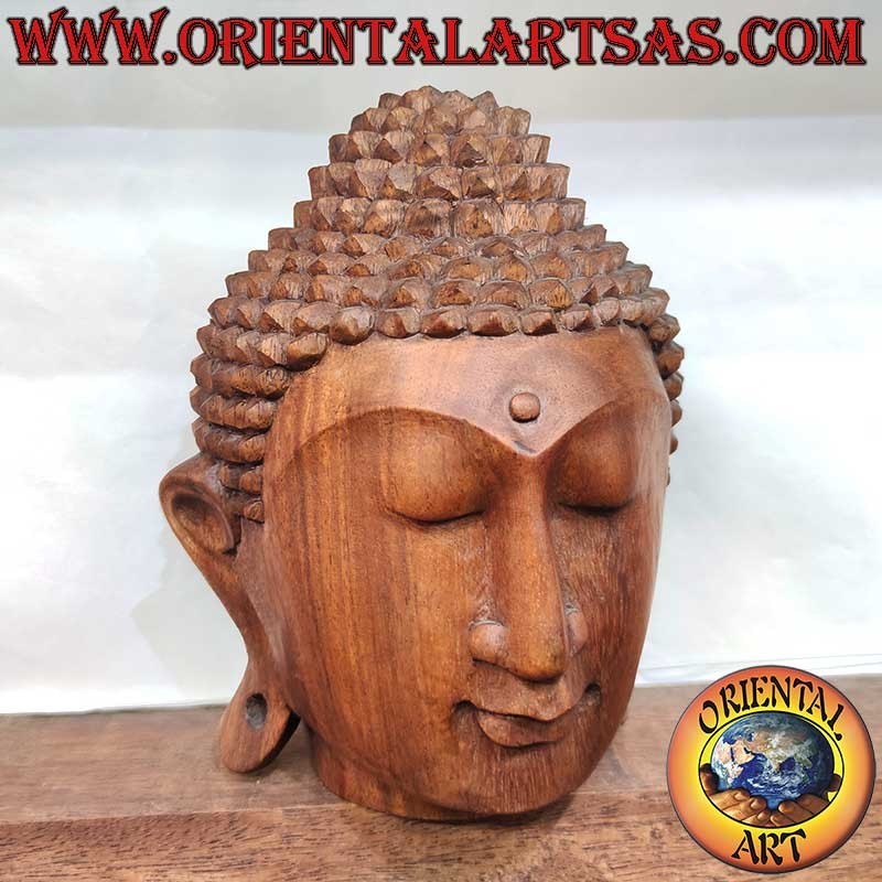 Tête Bouddha Bois Suar 23 cm Sculptée Main Indonésie