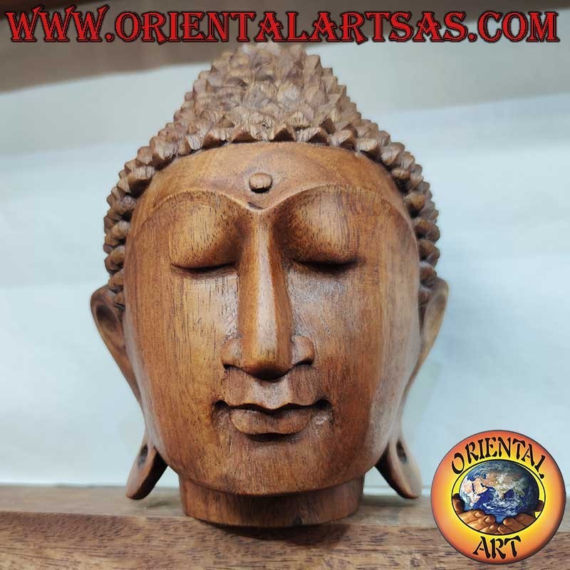 Tête Bouddha Bois Suar 23 cm Sculptée Main Indonésie