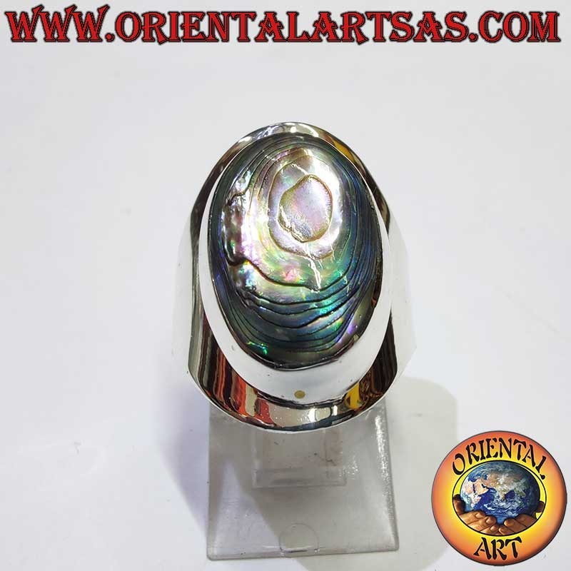 Anello Argento 925 Abalone Paua Ovale Fascia Larga 24 mm