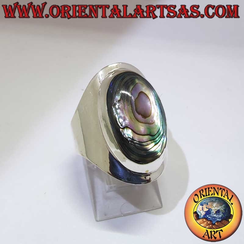 Anello Argento 925 Abalone Paua Ovale Fascia Larga 24 mm