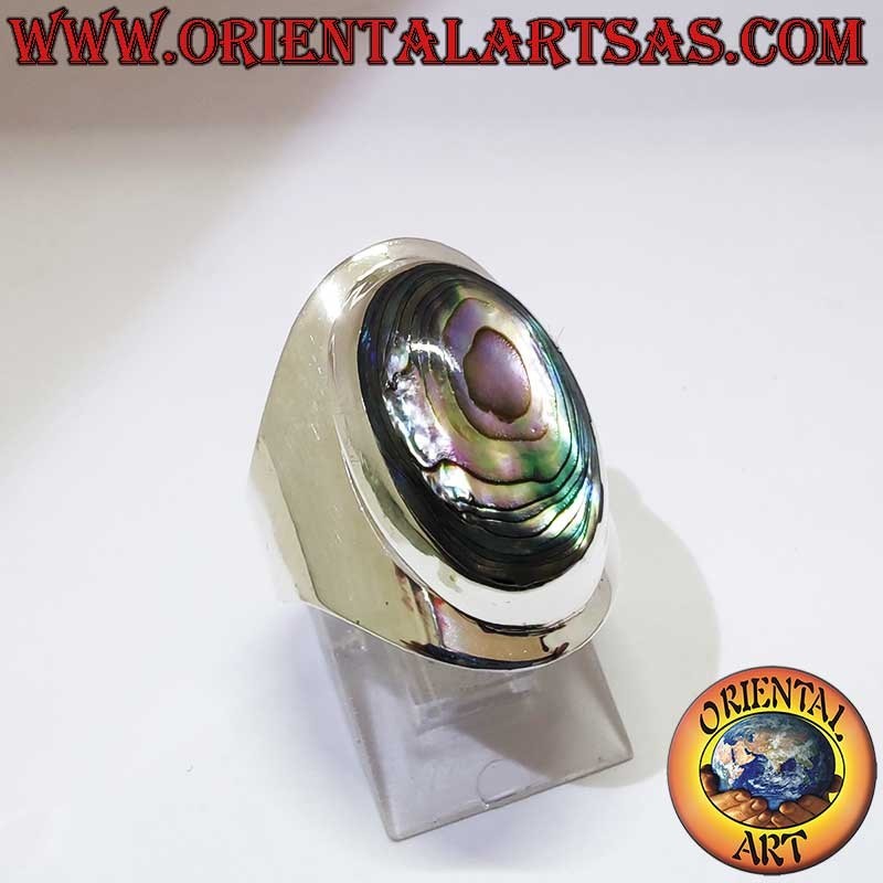 Anillo de plata 925 de banda ancha lisa con gran gema ovalada de abulón paua natural