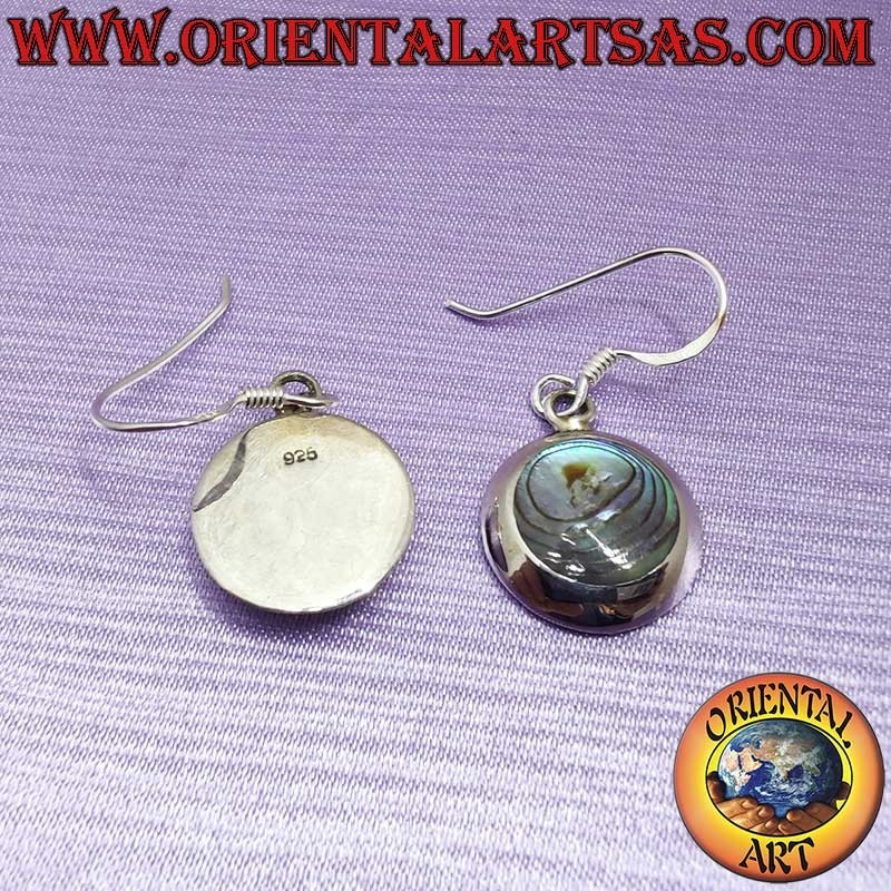 Orecchini Argento 925 Abalone Paua Pendenti Tondi 14mm