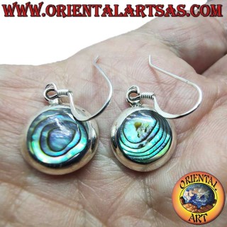 Pendientes plata 925 – Concha de abulón paua – Colgantes redondos – Diámetro 14 mm – Altura 28 mm – Grosor 4 mm