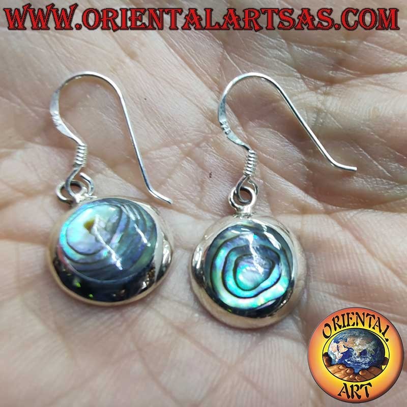 925 Silver Earrings Abalone Paua Round Dangle 14mm
