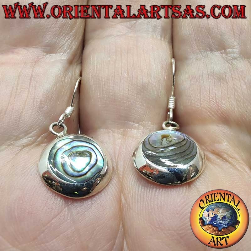 Orecchini Argento 925 Abalone Paua Pendenti Tondi 14mm