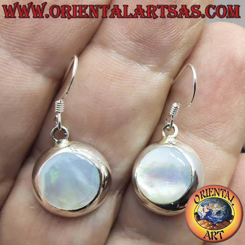 925 silver earrings – White mother of pearl – Round dangle – Diameter 14 mm – Height 28 mm – Thickness 4 mm