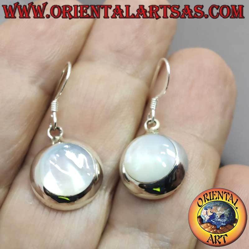 Orecchini Argento 925 Madreperla Pendenti Tondi 14mm
