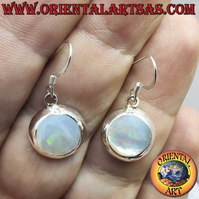 Orecchini Argento 925 Madreperla Pendenti Tondi 14mm