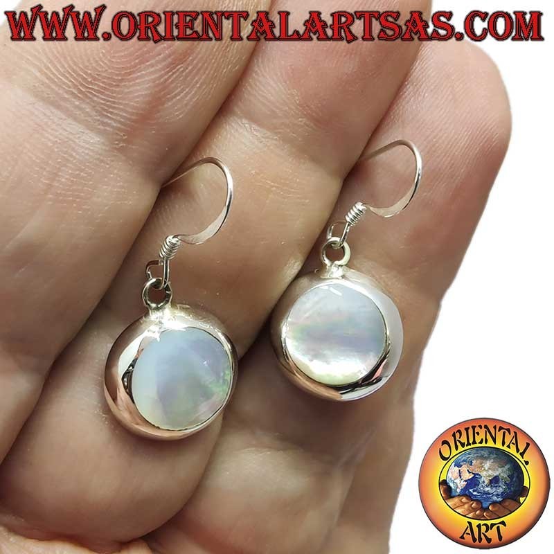 925 Silver Earrings White Mother of Pearl Round Dangle 14mm