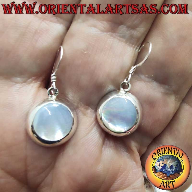 Orecchini Argento 925 Madreperla Pendenti Tondi 14mm